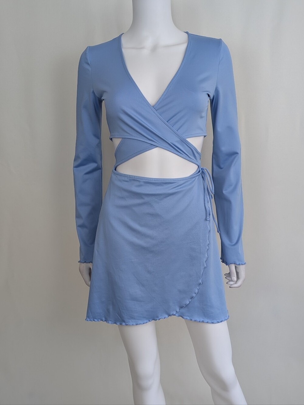 Divided H&M Light Blue Long Sleeve Cut Out Front Ruffle Trim Mini Wrap Dress S